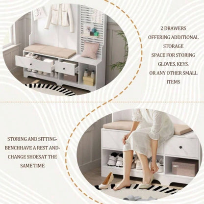 Multi - purpose Hallway Hall Tree with Removable Linen Cushioned Entryway, Coat Rack, Storage Shelves, and Pegboard, Hallways, Living Room, White