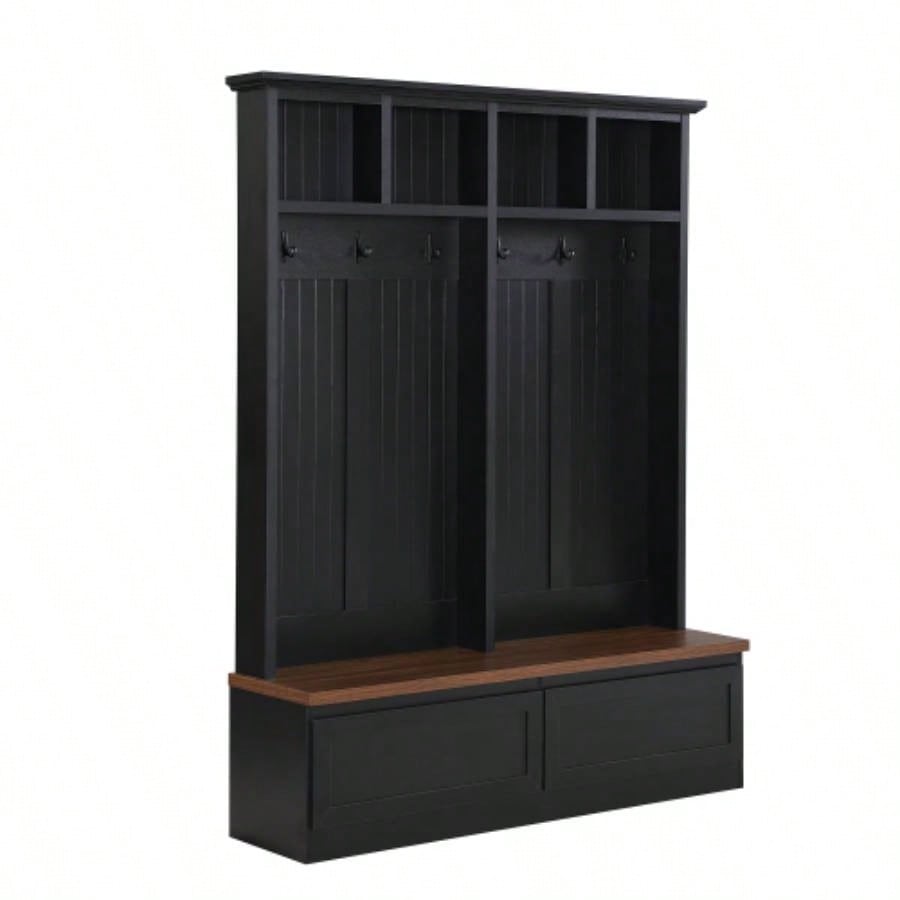 Assembly Video Farmhouse 4 - in - 1 Hall Tree with Wood Grain, Mudroom Versatile Coat Rack with 2 Large Drawer, Entrance Organizer Hallway, Living Room, Black, 55.9 Same as N721P205660