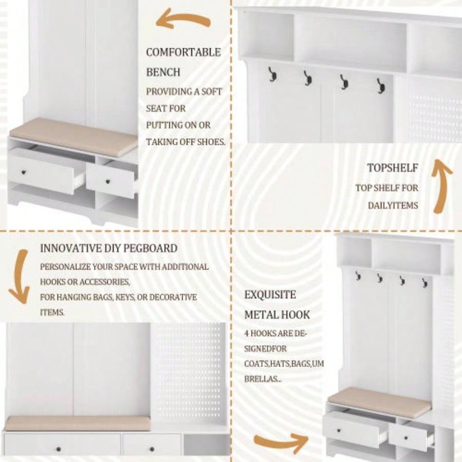 Multi - purpose Hallway Hall Tree with Removable Linen Cushioned Entryway, Coat Rack, Storage Shelves, and Pegboard, Hallways, Living Room, White