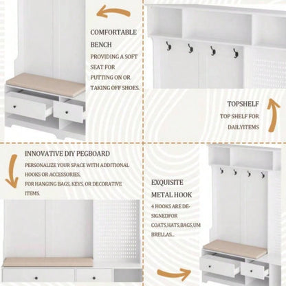 Multi - purpose Hallway Hall Tree with Removable Linen Cushioned Entryway, Coat Rack, Storage Shelves, and Pegboard, Hallways, Living Room, White