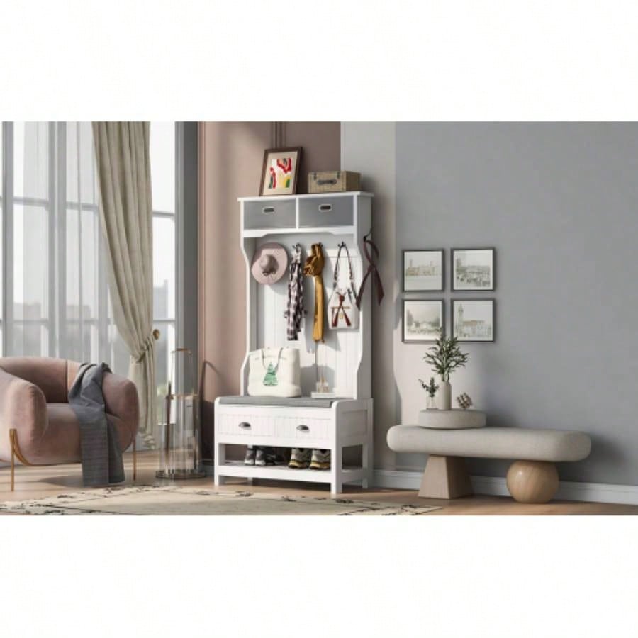 U - Can Hall Tree with 6 Hooks and Hinged Lid, Coat Hanger, Entryway, Storage, 3 - in - 1 Design, 69INCH, Entrance, Hallway