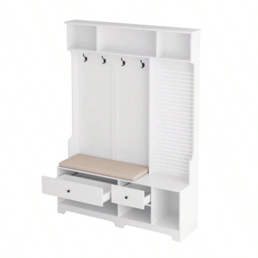 Multi - purpose Hallway Hall Tree with Removable Linen Cushioned Entryway, Coat Rack, Storage Shelves, and Pegboard, Hallways, Living Room, White