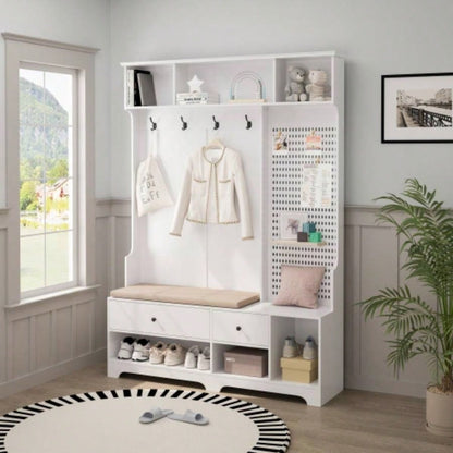 Multi - purpose Hallway Hall Tree with Removable Linen Cushioned Entryway, Coat Rack, Storage Shelves, and Pegboard, Hallways, Living Room, White