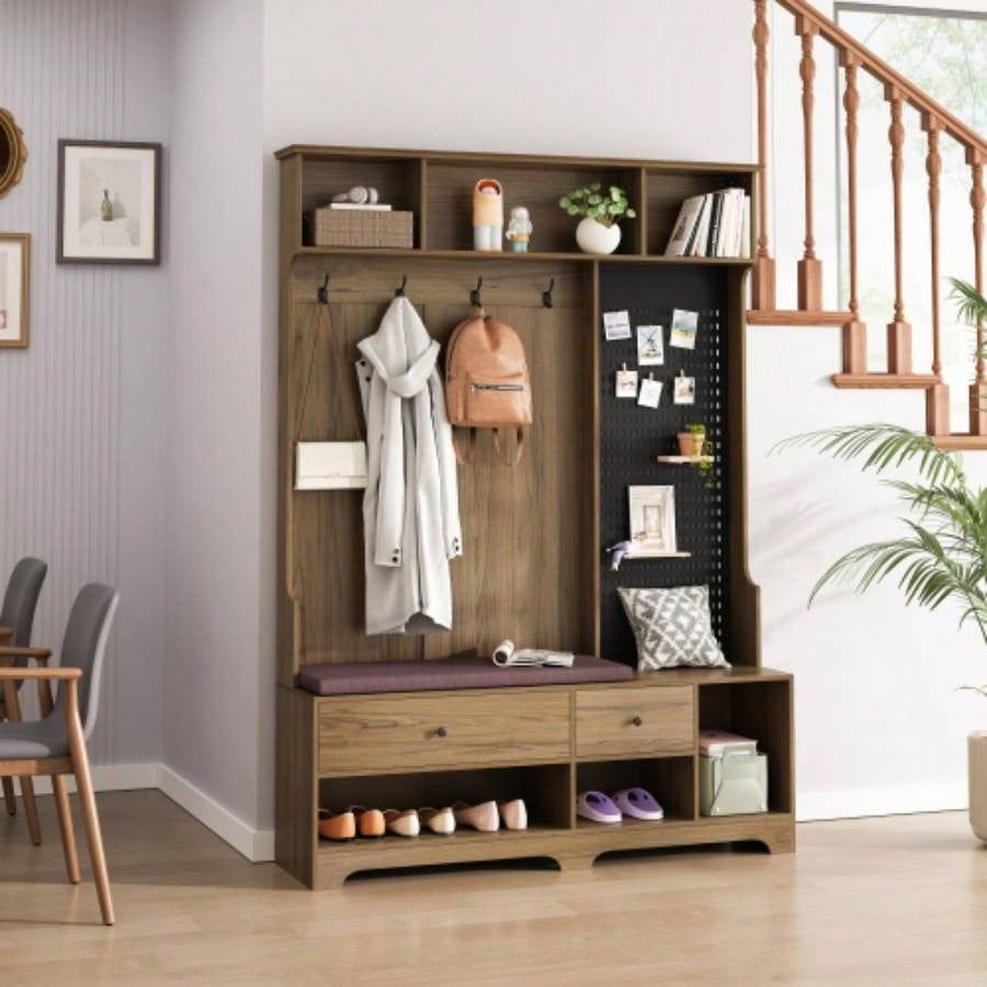 Multi - purpose Hallway Hall Tree with Removable Linen Cushioned Entryway, Coat Rack, Storage Shelves, and Pegboard, Hallways, Living Room, White