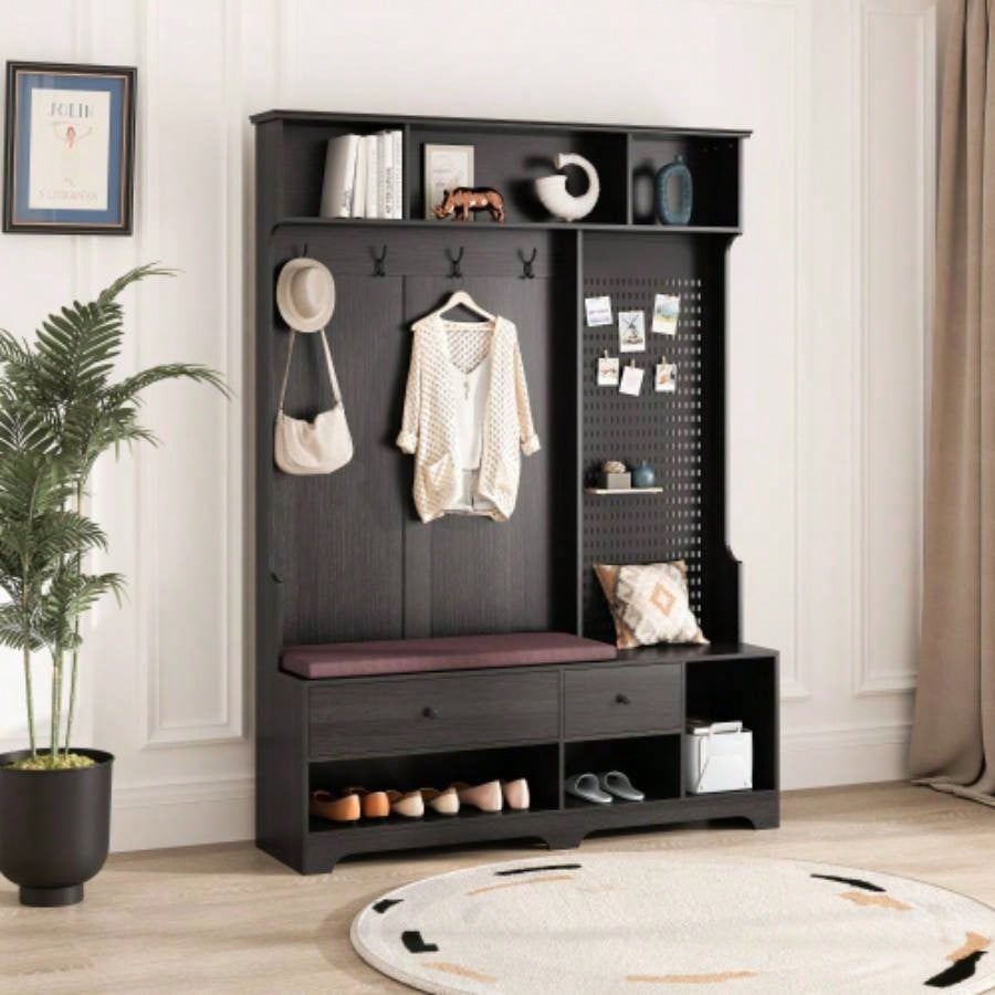 Multi - purpose Hallway Hall Tree with Removable Linen Cushioned Entryway, Coat Rack, Storage Shelves, and Pegboard, Hallways, Living Room, White