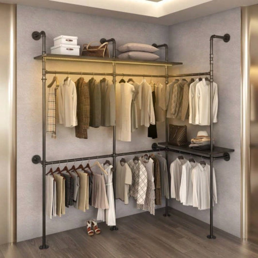 Industrial Pipe Clothing Rack, Reversible 118.3 Clothes Rack Hanging Clothes, Heavy Duty Garment Rack Closet Wardrobe Rack with LED Lights Shelves, Walk - in Closet System, Black Three