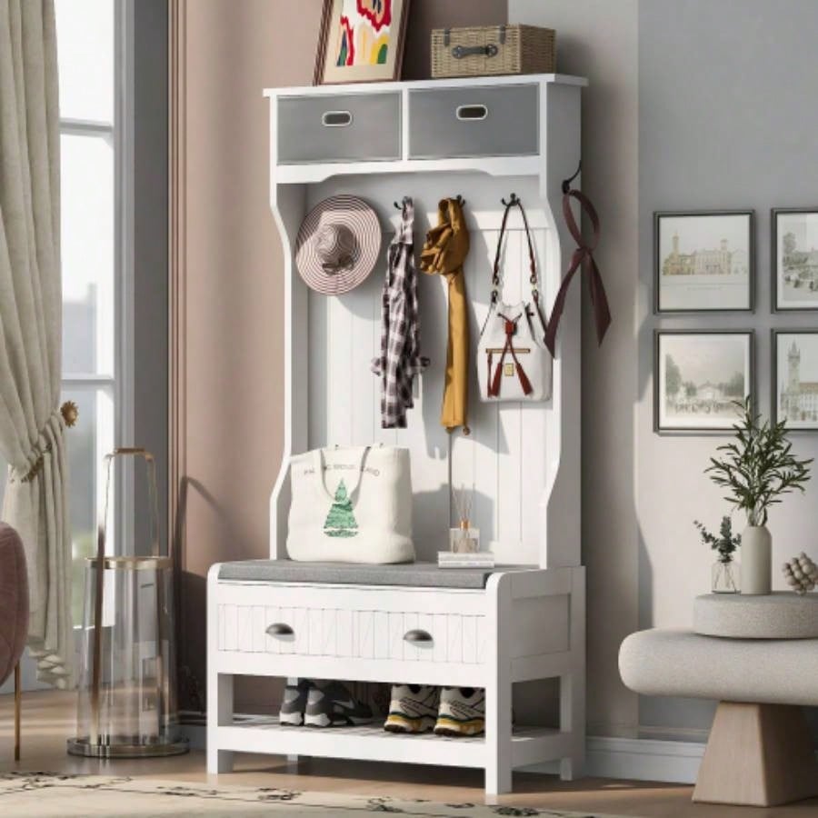 U - Can Hall Tree with 6 Hooks and Hinged Lid, Coat Hanger, Entryway, Storage, 3 - in - 1 Design, 69INCH, Entrance, Hallway