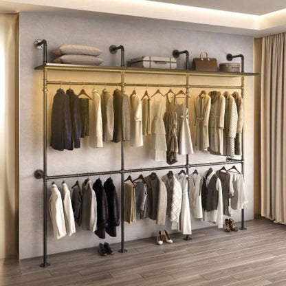 Industrial Pipe Clothing Rack, Reversible 118.3 Clothes Rack Hanging Clothes, Heavy Duty Garment Rack Closet Wardrobe Rack with LED Lights Shelves, Walk - in Closet System, Black Three