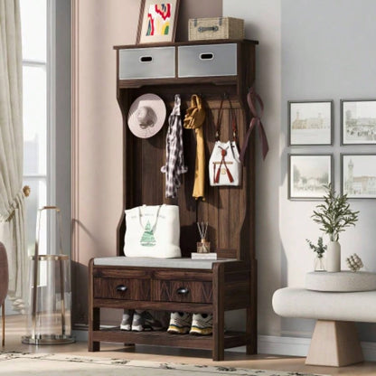 U - Can Hall Tree with 6 Hooks and Hinged Lid, Coat Hanger, Entryway, Storage, 3 - in - 1 Design, 69INCH, Entrance, Hallway
