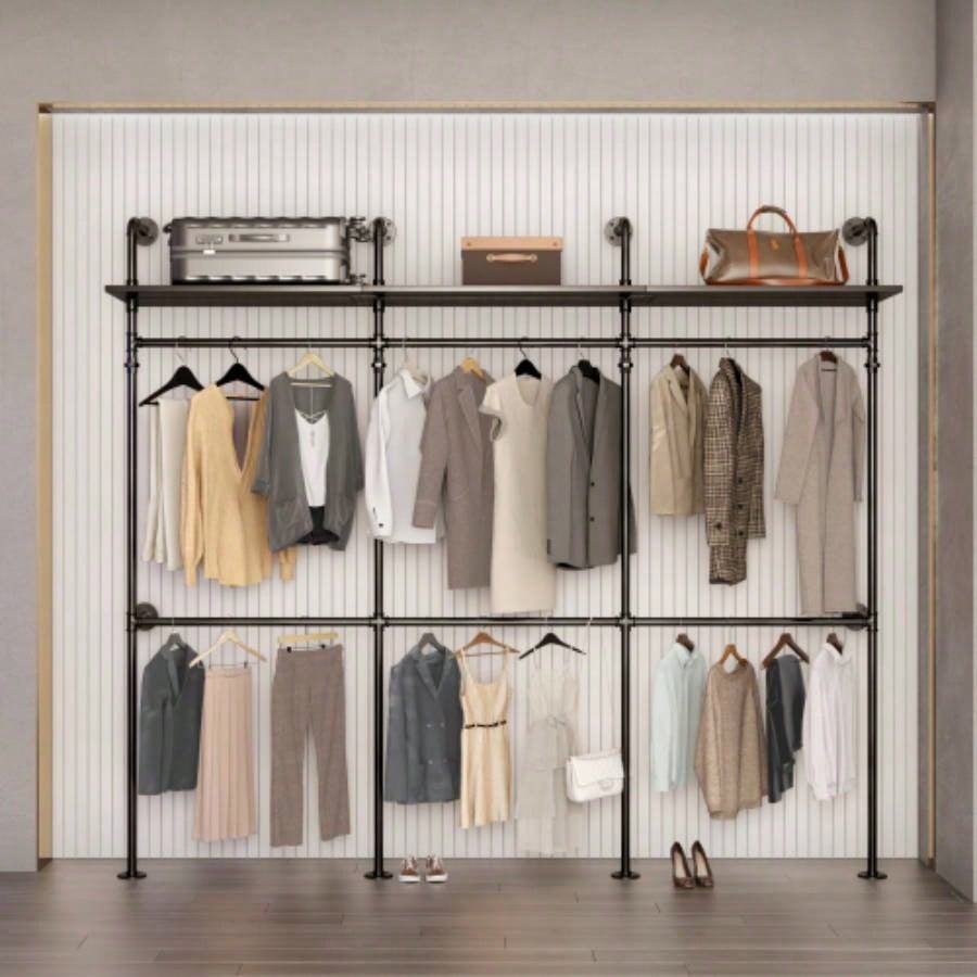 Industrial Pipe Clothing Rack, Reversible 118.3 Clothes Rack Hanging Clothes, Heavy Duty Garment Rack Closet Wardrobe Rack with LED Lights Shelves, Walk - in Closet System, Black Three