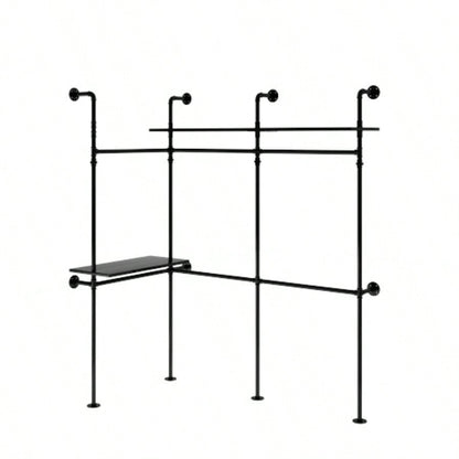 Industrial Pipe Clothing Rack, Reversible 118.3 Clothes Rack Hanging Clothes, Heavy Duty Garment Rack Closet Wardrobe Rack with LED Lights Shelves, Walk - in Closet System, Black Three