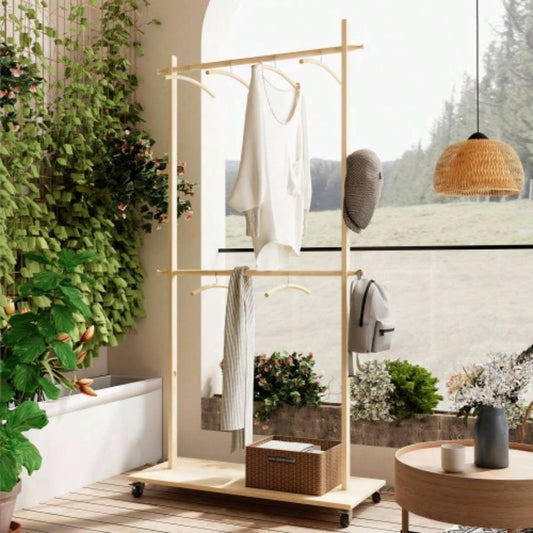 Solid Wood Garment Clothes Drying Rack with 6 Wooden Hangers, Space - Saving Design, Adjustable Shelf, and Wheels Easy Mobility - Bedroom, Living Room, or Entryway