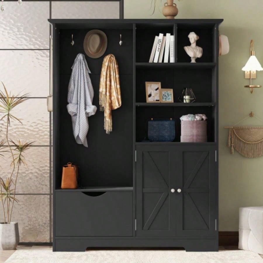 Multi - functional Hall Tree with Storage Shelves Drawers and Cabinet, Elegant Hallway Shoe Cabinet with, Modern Coat Rack with Hooks Hallway Entryways, Black
