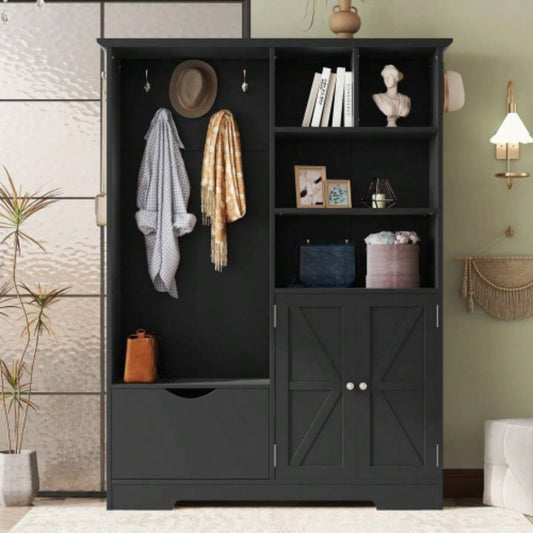 Multi - functional Hall Tree with Storage Shelves Drawers and Cabinet, Elegant Hallway Shoe Cabinet with, Modern Coat Rack with Hooks Hallway Entryways, Black