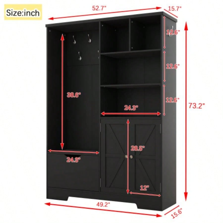 Multi - functional Hall Tree with Storage Shelves Drawers and Cabinet, Elegant Hallway Shoe Cabinet with, Modern Coat Rack with Hooks Hallway Entryways, Black