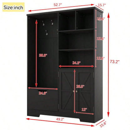 Multi - functional Hall Tree with Storage Shelves Drawers and Cabinet, Elegant Hallway Shoe Cabinet with, Modern Coat Rack with Hooks Hallway Entryways, Black