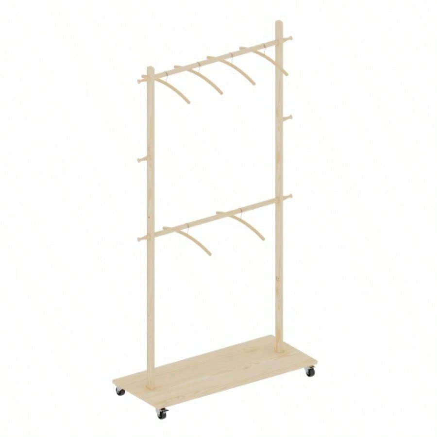 Solid Wood Garment Clothes Drying Rack with 6 Wooden Hangers, Space - Saving Design, Adjustable Shelf, and Wheels Easy Mobility - Bedroom, Living Room, or Entryway