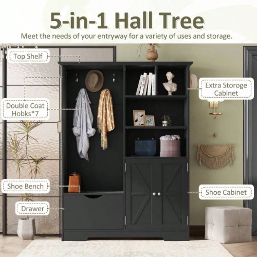 Multi - functional Hall Tree with Storage Shelves Drawers and Cabinet, Elegant Hallway Shoe Cabinet with, Modern Coat Rack with Hooks Hallway Entryways, Black