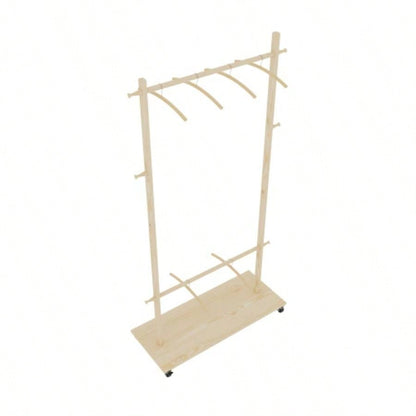 Solid Wood Garment Clothes Drying Rack with 6 Wooden Hangers, Space - Saving Design, Adjustable Shelf, and Wheels Easy Mobility - Bedroom, Living Room, or Entryway