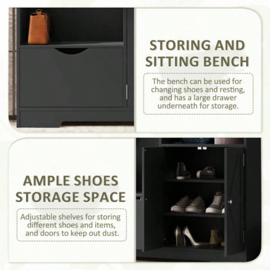 Multi - functional Hall Tree with Storage Shelves Drawers and Cabinet, Elegant Hallway Shoe Cabinet with, Modern Coat Rack with Hooks Hallway Entryways, Black
