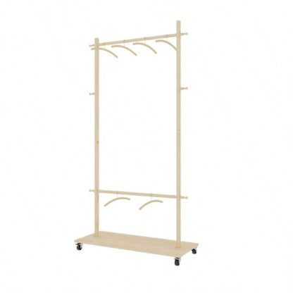 Solid Wood Garment Clothes Drying Rack with 6 Wooden Hangers, Space - Saving Design, Adjustable Shelf, and Wheels Easy Mobility - Bedroom, Living Room, or Entryway