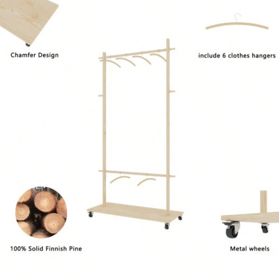 Solid Wood Garment Clothes Drying Rack with 6 Wooden Hangers, Space - Saving Design, Adjustable Shelf, and Wheels Easy Mobility - Bedroom, Living Room, or Entryway