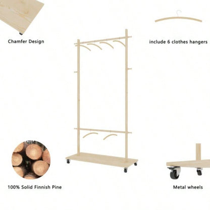 Solid Wood Garment Clothes Drying Rack with 6 Wooden Hangers, Space - Saving Design, Adjustable Shelf, and Wheels Easy Mobility - Bedroom, Living Room, or Entryway