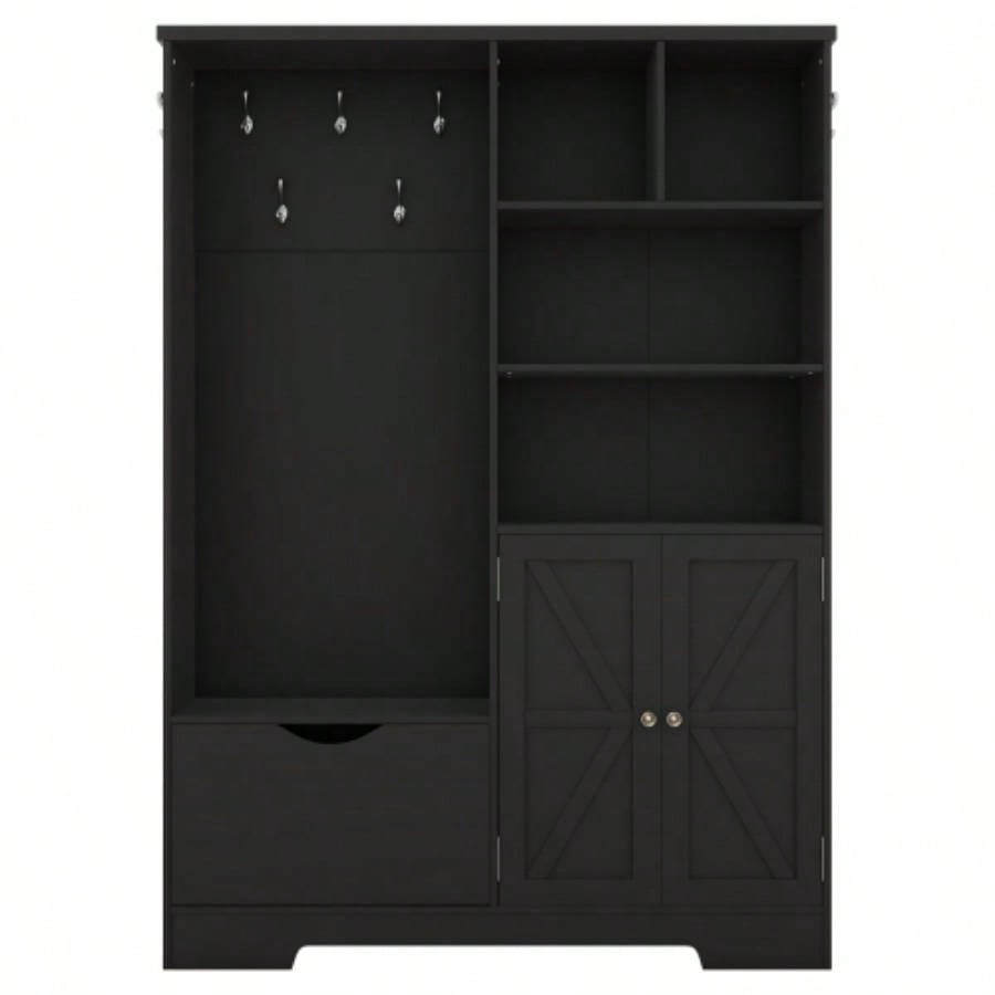 Multi - functional Hall Tree with Storage Shelves Drawers and Cabinet, Elegant Hallway Shoe Cabinet with, Modern Coat Rack with Hooks Hallway Entryways, Black