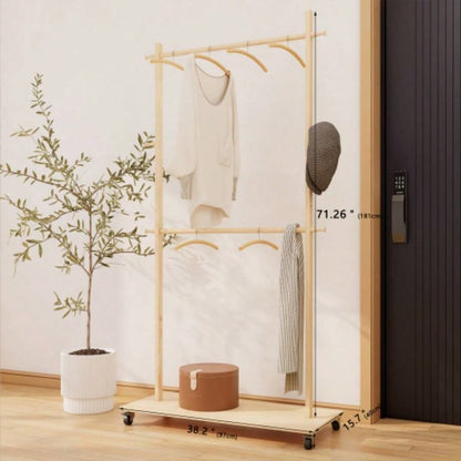 Solid Wood Garment Clothes Drying Rack with 6 Wooden Hangers, Space - Saving Design, Adjustable Shelf, and Wheels Easy Mobility - Bedroom, Living Room, or Entryway