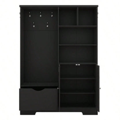 Multi - functional Hall Tree with Storage Shelves Drawers and Cabinet, Elegant Hallway Shoe Cabinet with, Modern Coat Rack with Hooks Hallway Entryways, Black