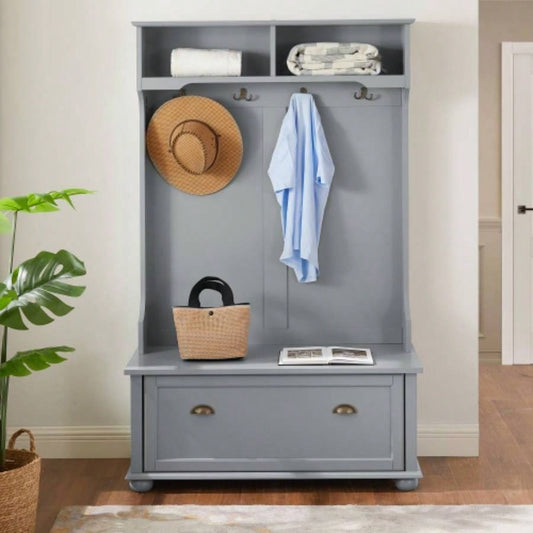 Classic Cosatal Style Hall Tree Entryway with Open Shelves and Shoe Cabinets, SOLID WOOD Feet, Gray, 4018.5D*64.5H