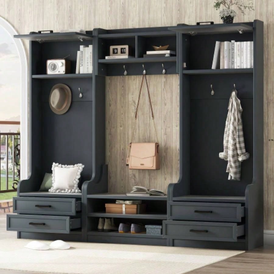 4 - in - 1 Detachable Hall Tree with Storage and Hooks, Multiple Functions Hallway Coat Rack with Storage Drawers and Cabinet, Antique Blue Shoe Entryway Hallway