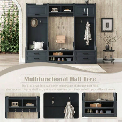4 - in - 1 Detachable Hall Tree with Storage and Hooks, Multiple Functions Hallway Coat Rack with Storage Drawers and Cabinet, Antique Blue Shoe Entryway Hallway