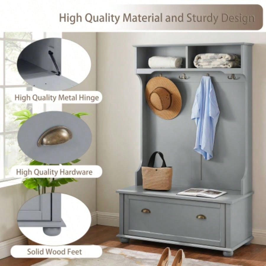 Classic Cosatal Style Hall Tree Entryway with Open Shelves and Shoe Cabinets, SOLID WOOD Feet, Gray, 4018.5D*64.5H