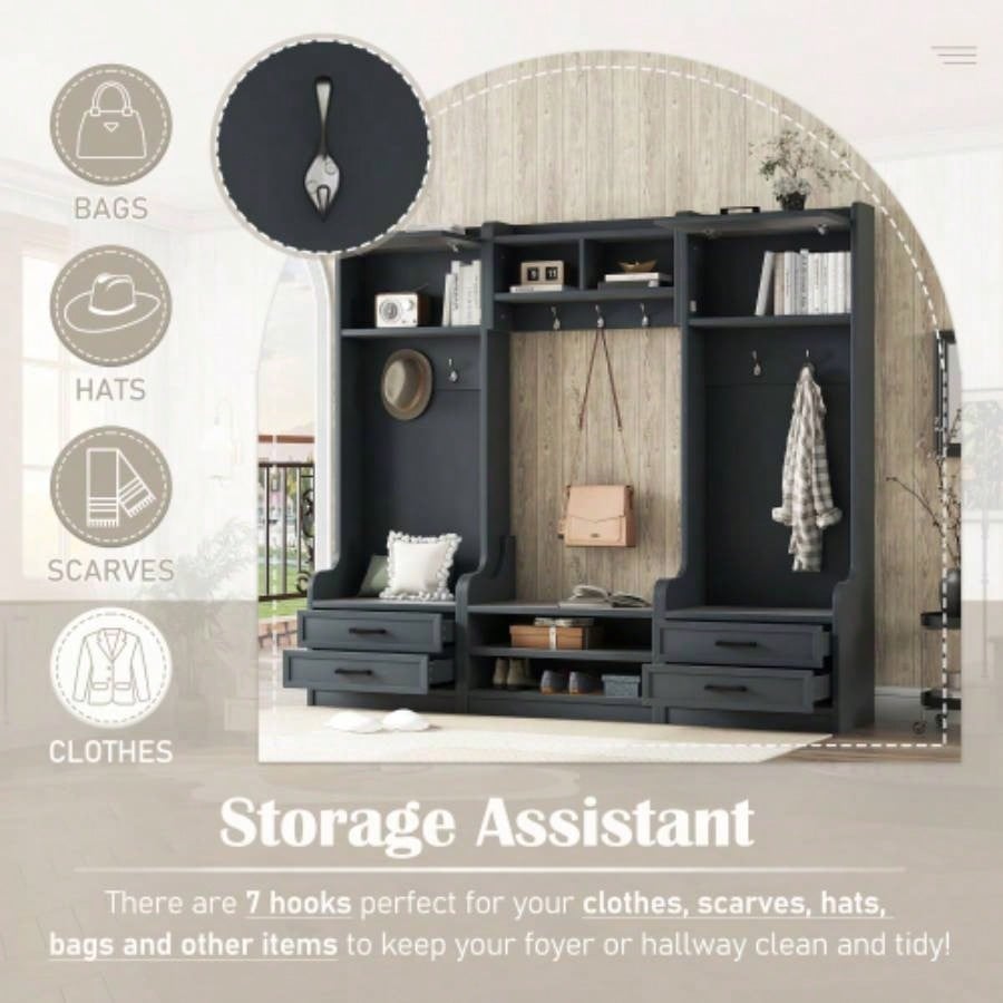 4 - in - 1 Detachable Hall Tree with Storage and Hooks, Multiple Functions Hallway Coat Rack with Storage Drawers and Cabinet, Antique Blue Shoe Entryway Hallway