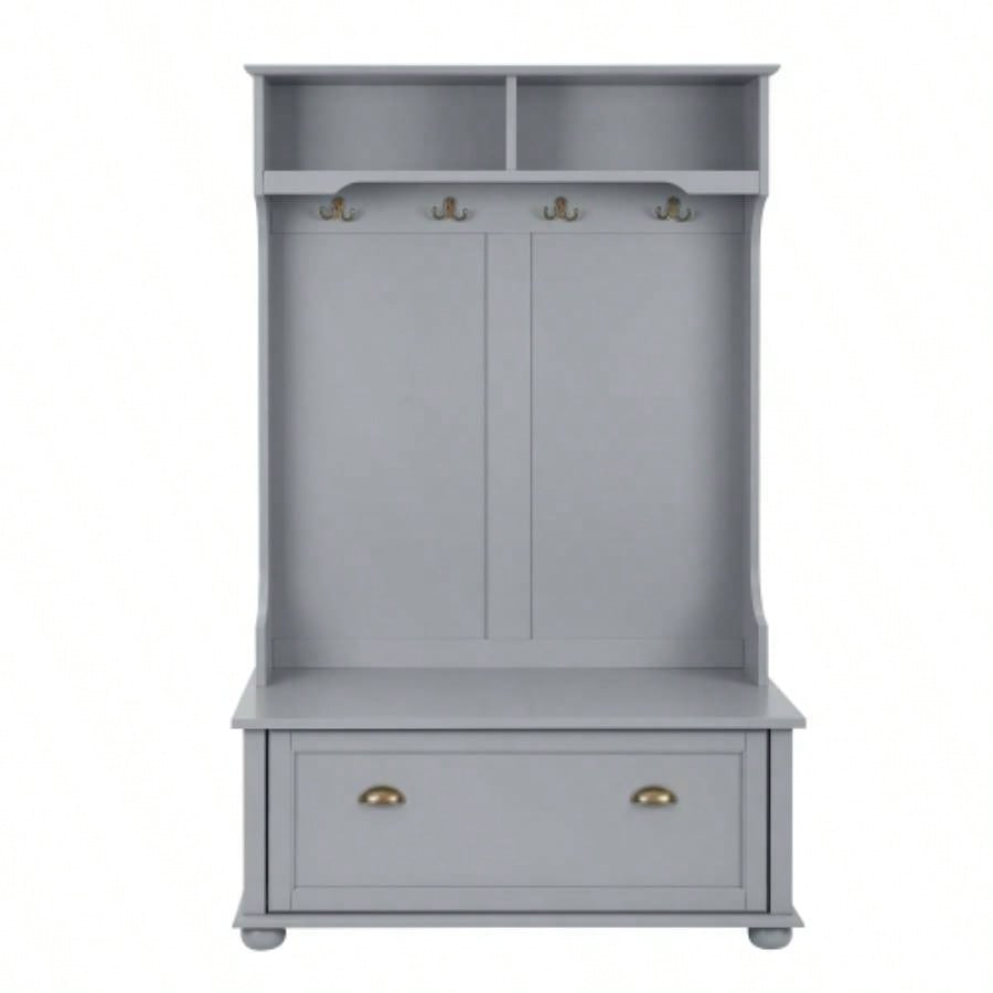 Classic Cosatal Style Hall Tree Entryway with Open Shelves and Shoe Cabinets, SOLID WOOD Feet, Gray, 4018.5D*64.5H