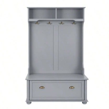 Classic Cosatal Style Hall Tree Entryway with Open Shelves and Shoe Cabinets, SOLID WOOD Feet, Gray, 4018.5D*64.5H