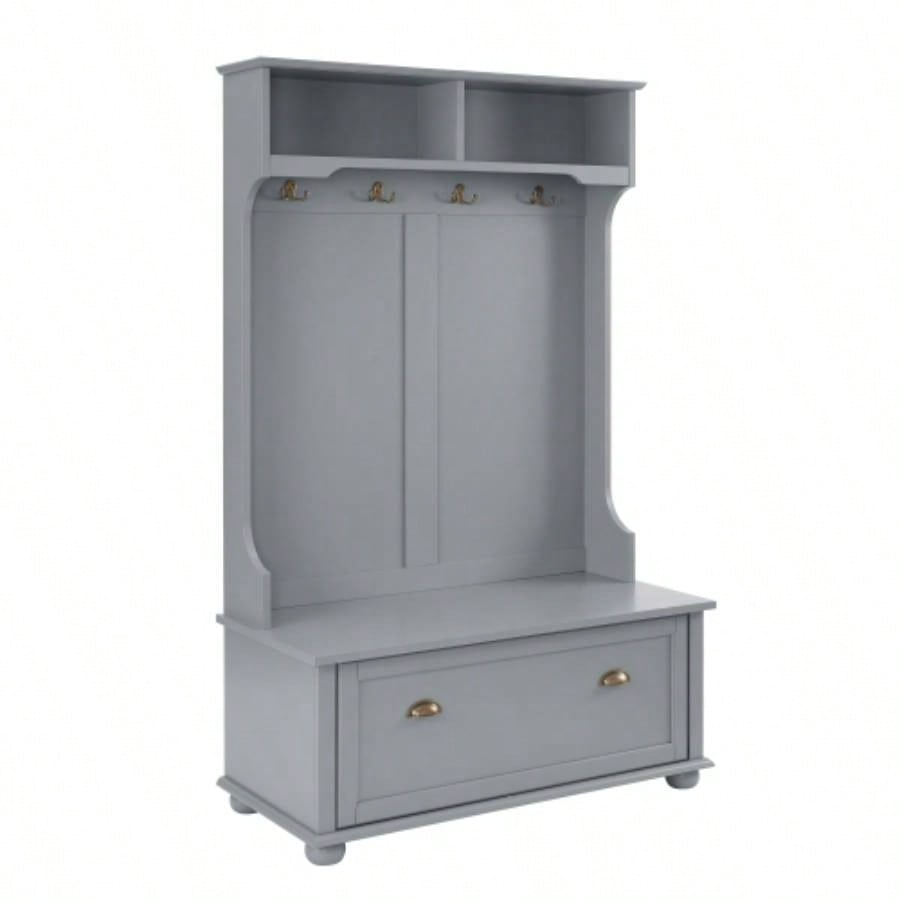 Classic Cosatal Style Hall Tree Entryway with Open Shelves and Shoe Cabinets, SOLID WOOD Feet, Gray, 4018.5D*64.5H
