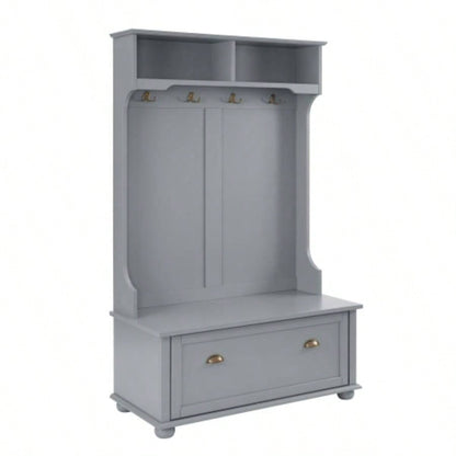 Classic Cosatal Style Hall Tree Entryway with Open Shelves and Shoe Cabinets, SOLID WOOD Feet, Gray, 4018.5D*64.5H