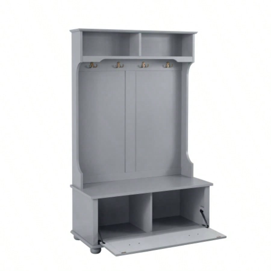 Classic Cosatal Style Hall Tree Entryway with Open Shelves and Shoe Cabinets, SOLID WOOD Feet, Gray, 4018.5D*64.5H