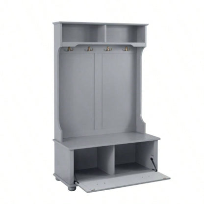 Classic Cosatal Style Hall Tree Entryway with Open Shelves and Shoe Cabinets, SOLID WOOD Feet, Gray, 4018.5D*64.5H