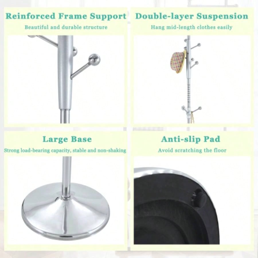 Main Stainless Steel Spray Painted Hanger, Modern Silver Stainless Steel Coat Rack, Solid Wood Reinforcement At Bracket, 72 Inch Raised Design With Detachable Bracket Gold Optional