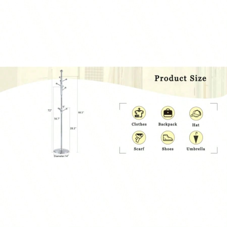 Main Stainless Steel Spray Painted Hanger, Modern Silver Stainless Steel Coat Rack, Solid Wood Reinforcement At Bracket, 72 Inch Raised Design With Detachable Bracket Gold Optional