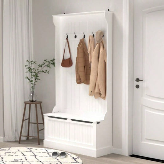 Entryway with Standing Coat Rack, Hall Tree with Shoe Storage, Entryway Organizer with 5 Hooks, White