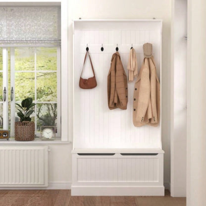 Entryway with Standing Coat Rack, Hall Tree with Shoe Storage, Entryway Organizer with 5 Hooks, White