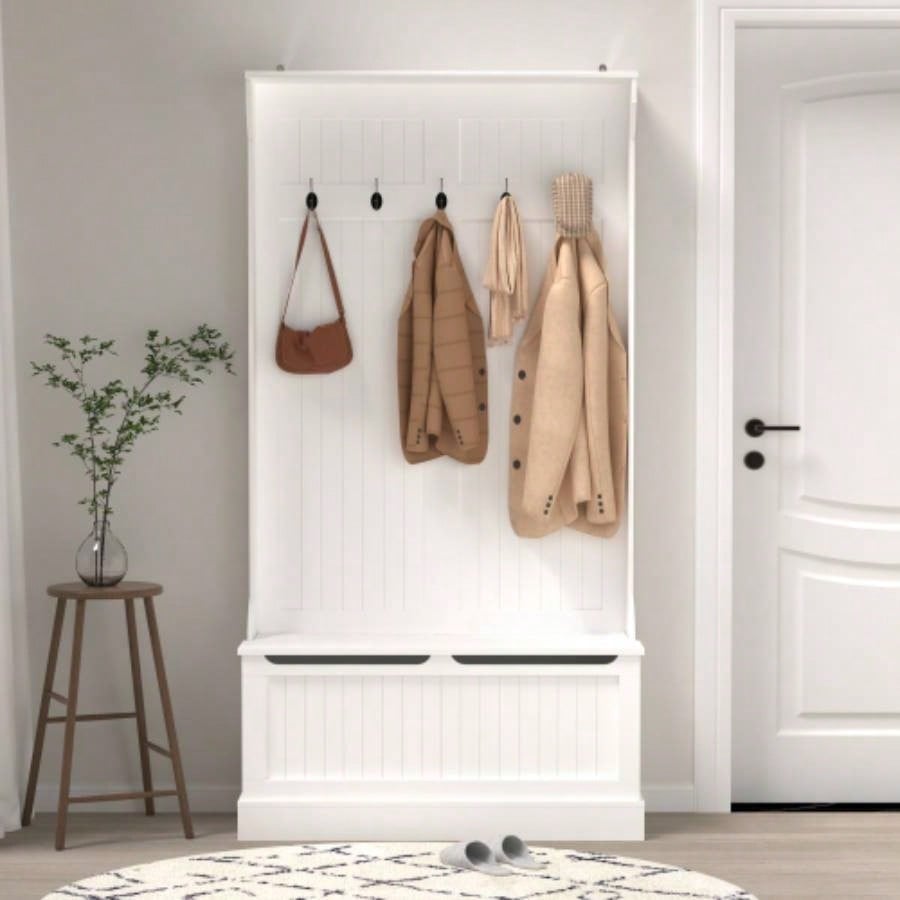 Entryway with Standing Coat Rack, Hall Tree with Shoe Storage, Entryway Organizer with 5 Hooks, White
