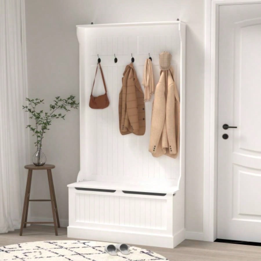 Entryway with Standing Coat Rack, Hall Tree with Shoe Storage, Entryway Organizer with 5 Hooks, White