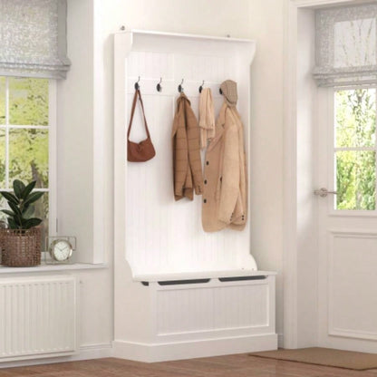 Entryway with Standing Coat Rack, Hall Tree with Shoe Storage, Entryway Organizer with 5 Hooks, White