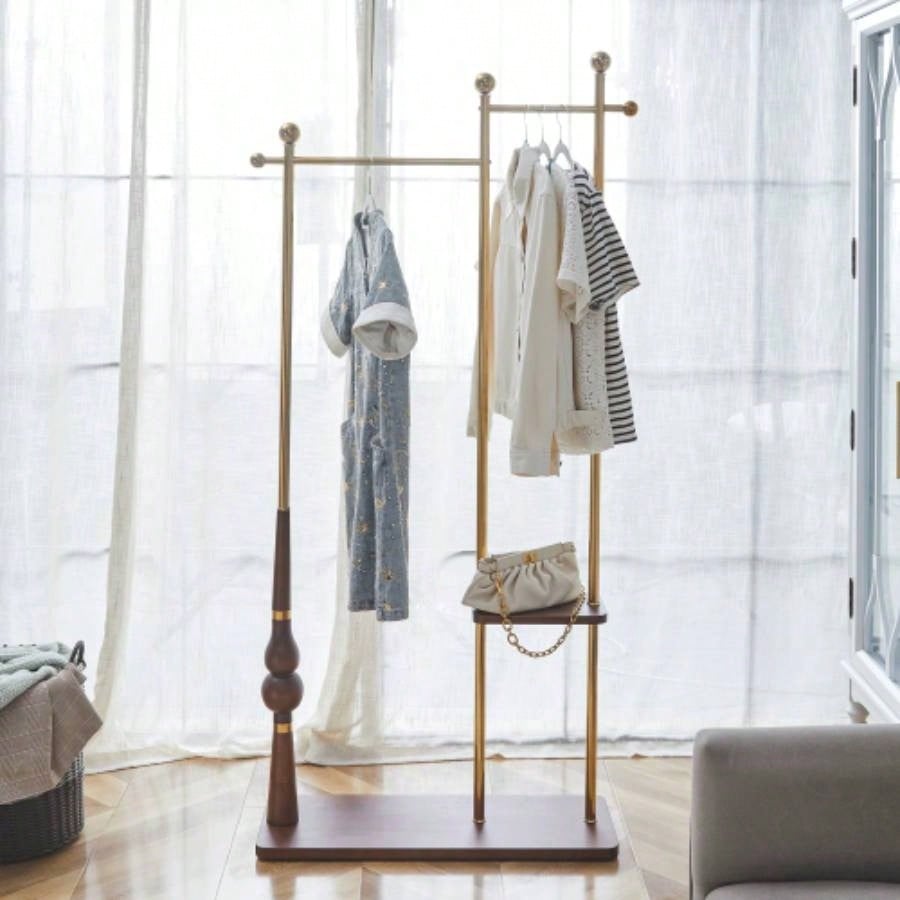 70 Tall Industrial Coat Rack Entryway, Solid Wood Stainless Steel Clothing Rack, Double Layer Hanger Coats, Hats, Bags, Scarves, Shoes Storage, Vintage Wood Grain Metal, Heavy Duty