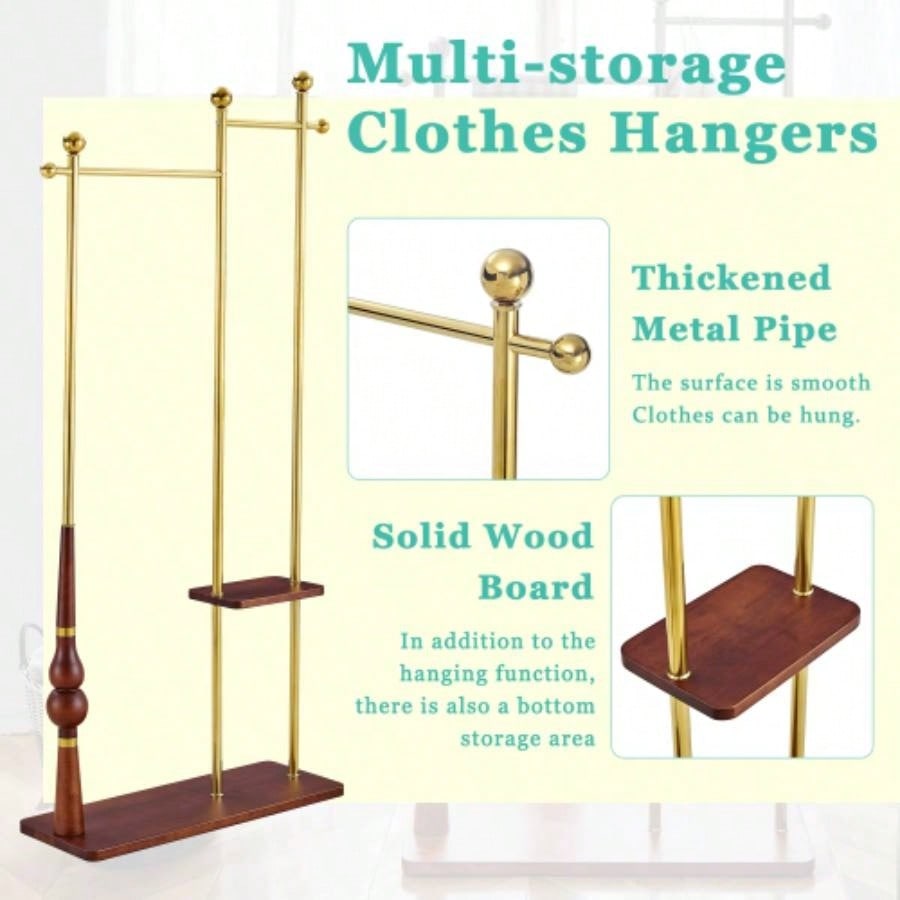 70 Tall Industrial Coat Rack Entryway, Solid Wood Stainless Steel Clothing Rack, Double Layer Hanger Coats, Hats, Bags, Scarves, Shoes Storage, Vintage Wood Grain Metal, Heavy Duty